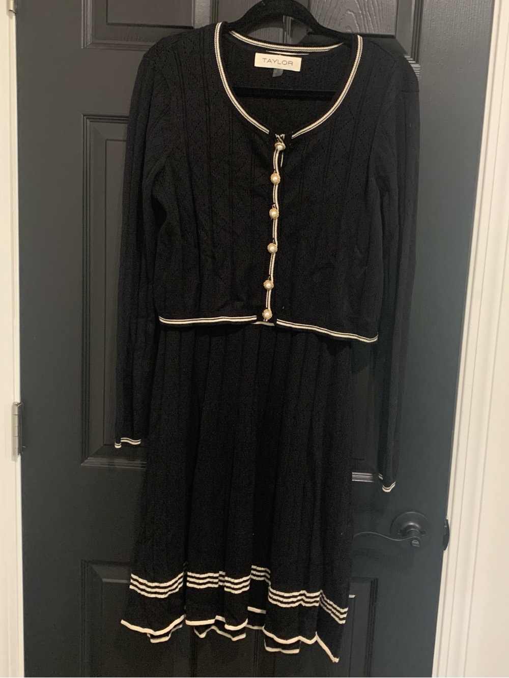 Taylor | Black Knit Pearl-Button Dress with Ivory Trim | Sz XL